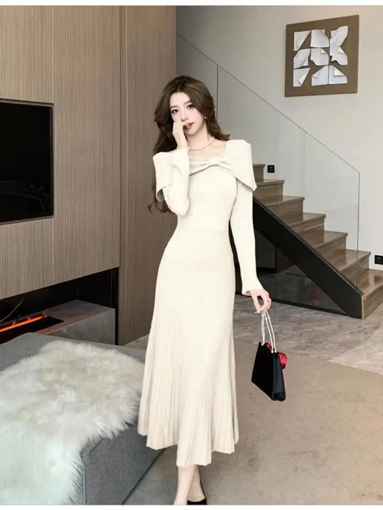Long-sleeve Cream Maxi Dress With Shawl Collar