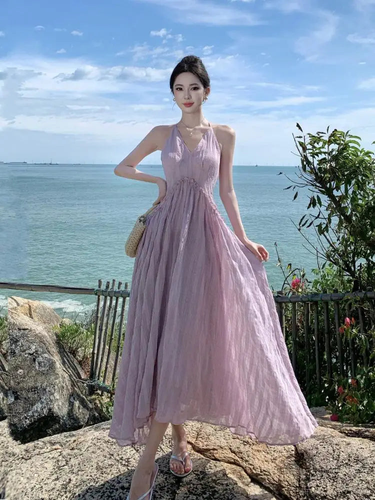 Flowing Lavender Halter Maxi Dress Beachwear Summer