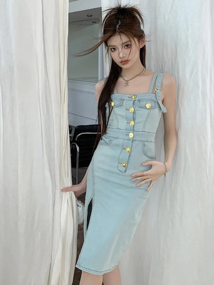 Denim Button-front Sleeveless Fitted Midi Dress