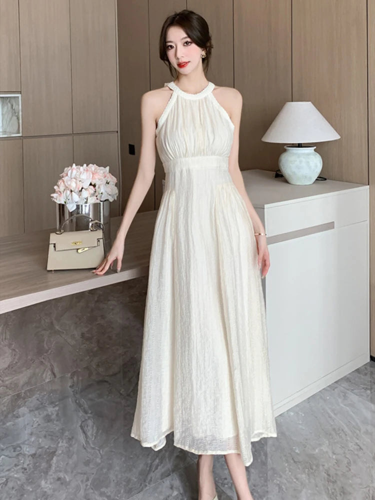open lace back dress Pleated Halter Neck Sleeveless Dress – Evoblackart main image 1