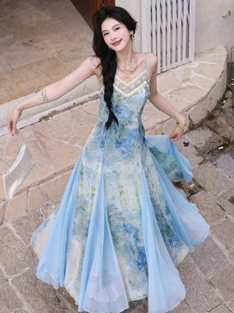 Summer Elegant Slim Sleeveless Strap Dress Women Design Chic Print Ruffle  Off Shoulder Dresses Sweet Fairy Patchwork Dress 2024