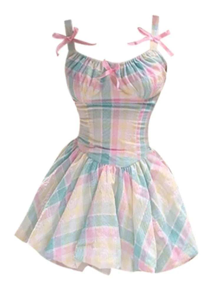 Pastel Plaid Strapless Dress, Vintage-inspired Flare Design