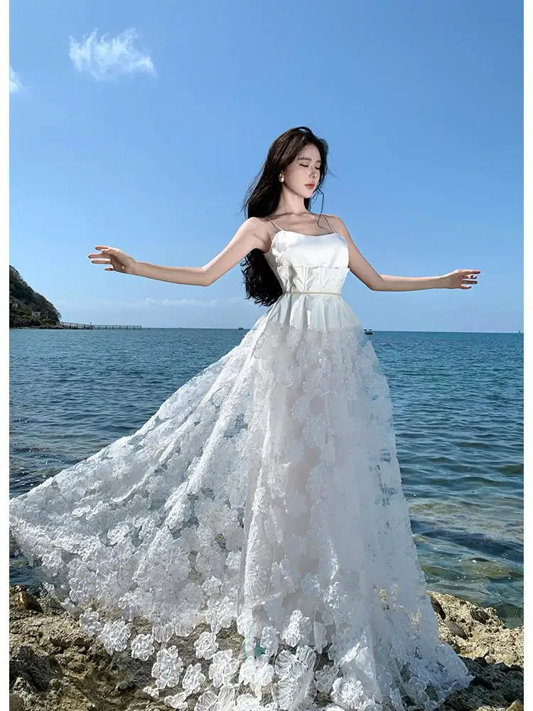 Floral Lace Strapless Beach Wedding Dress