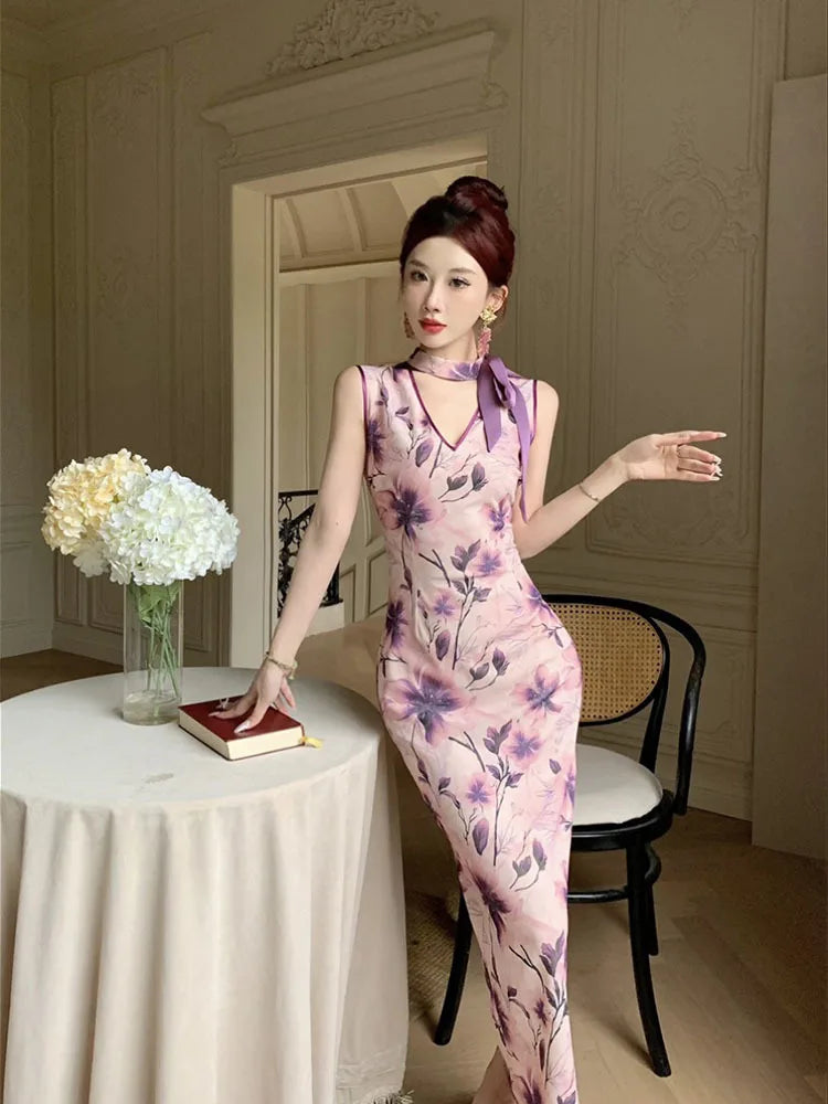 Floral Sleeveless Dress With Neck Scarf Accent on Luulla