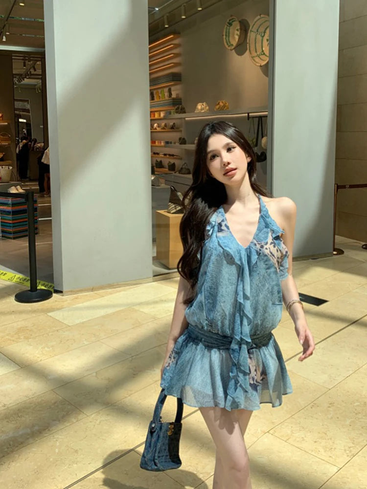 Blue V-Neck Halter Dress with Ruffle Edge Women's Summer Patchwork Printed Short Slim Fit Dress