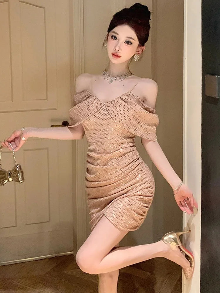 Evening Dresses Women Sleeveless Sequins Irregular V Neck Slim Sexy Cocktail Dress Backless Elegant Wedding Party