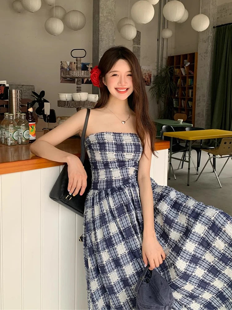 navy blue dress for baby girl Summer White Spaghetti Strap Dress Women Korean Style A Line Fluffy Mini  Dresses Woman Sleeveless Loose Sundress Female (black,L)