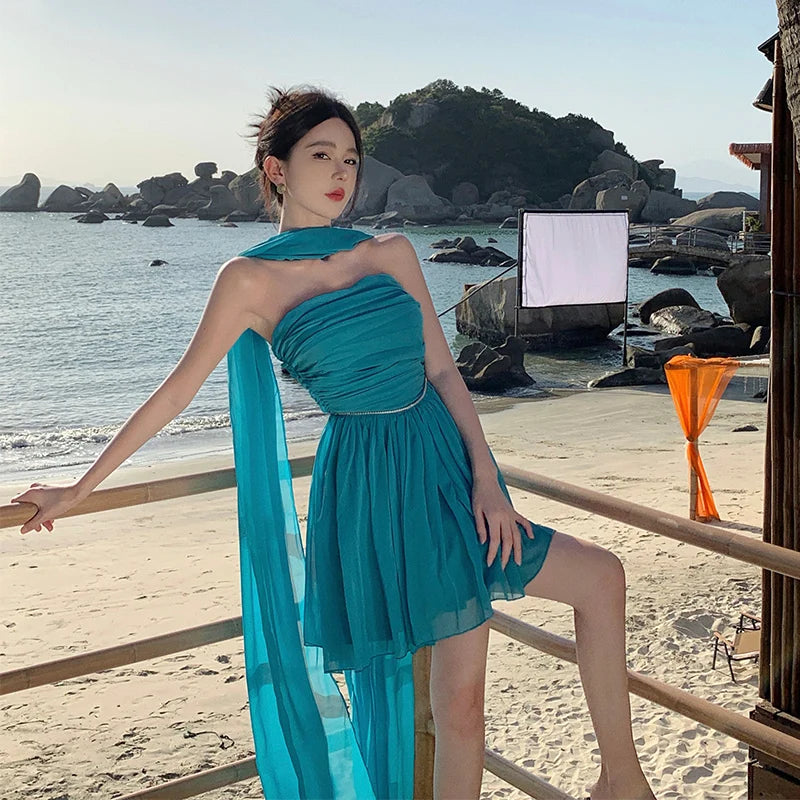 blue strapless dress with scarf Amana STRAPLESS SCARF MAXI DRESS - NAVY main image 1