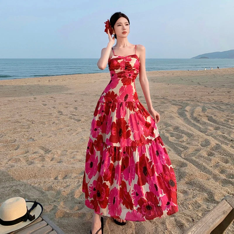 Floral Maxi Dress, Sleeveless Beach Vacation Wear