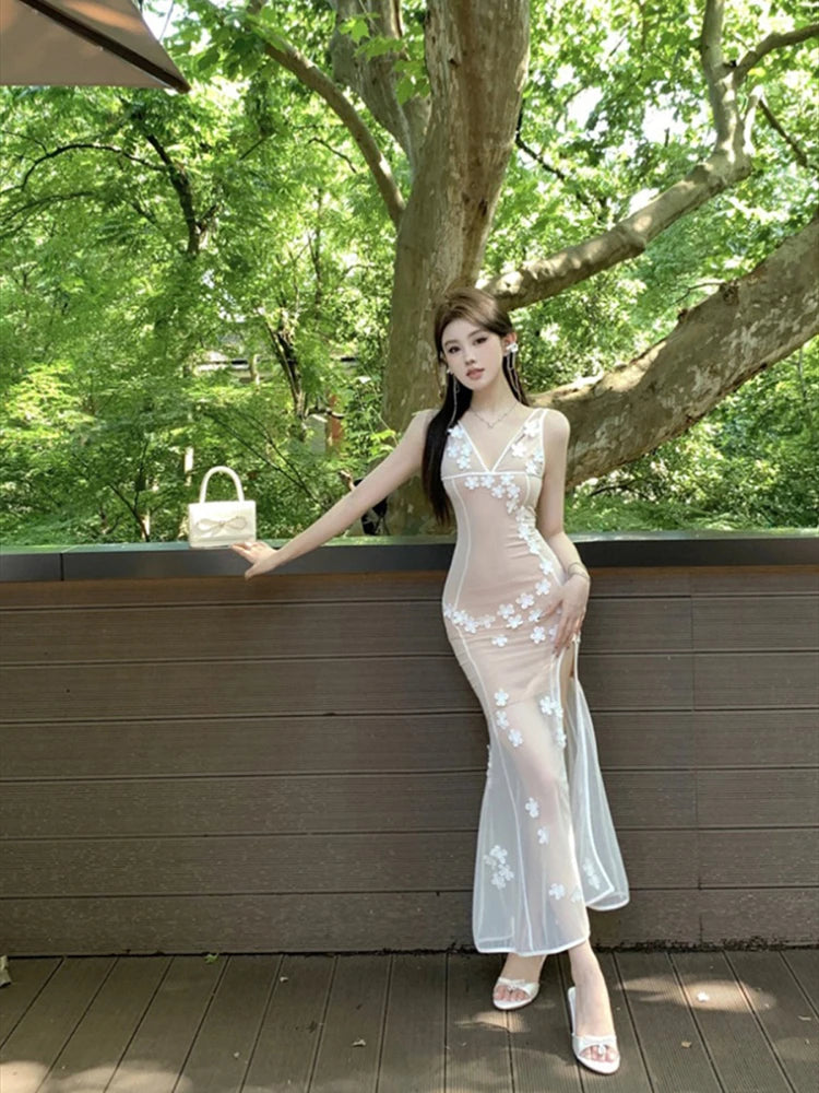 Floral Sheer Mesh Gown With Lace Accents