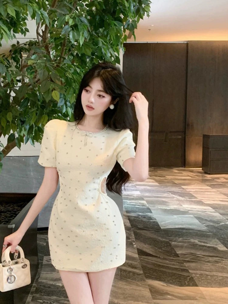 knee length dresses for ladies Striped Patchwork Knitted Hollow Out Mini Dress Women Trend Casual Wra –  ASHORE SHOP main image 0