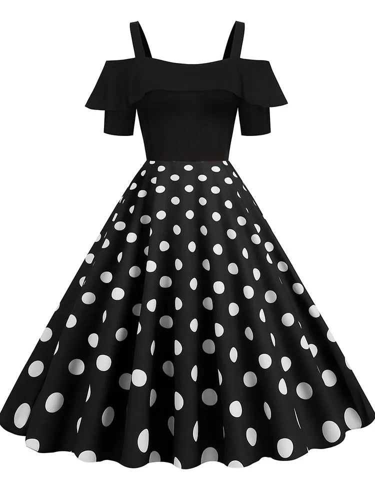 Vintage Polka Dot Off-Shoulder A-Line Dress