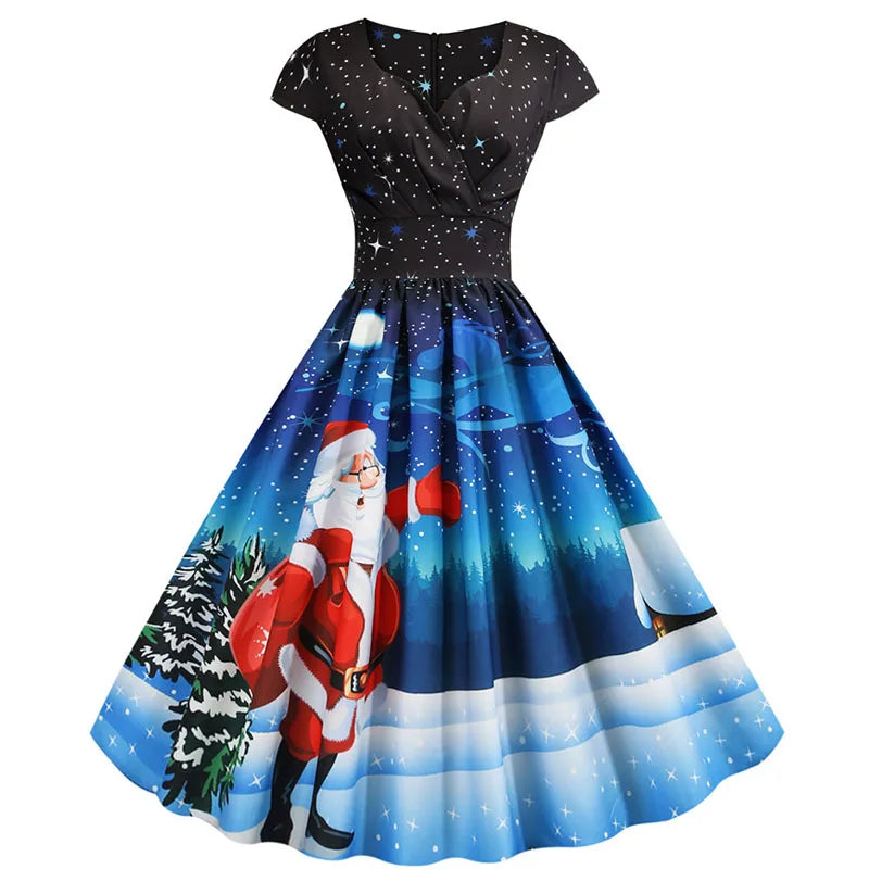 navy blue dress for baby girl Christmas Party Printed Dresses for Women Vintage Christmas Midi Dress  Casual Dresses Cocktail Dress Party Festive Dresses for Fall and Winter  Holidays,Wine,XL main image 0