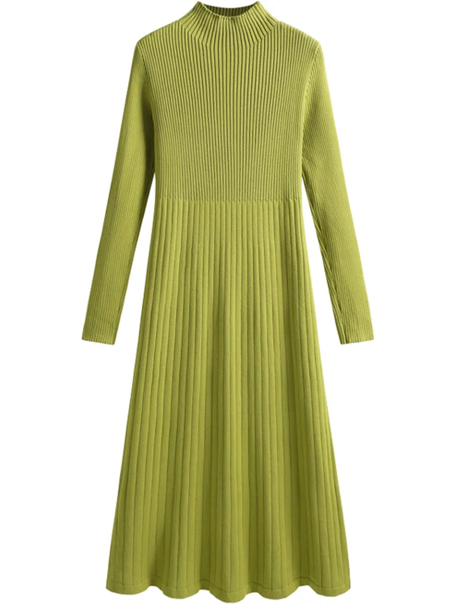 Ribbed Long Sleeve Green A-line Midi Dress