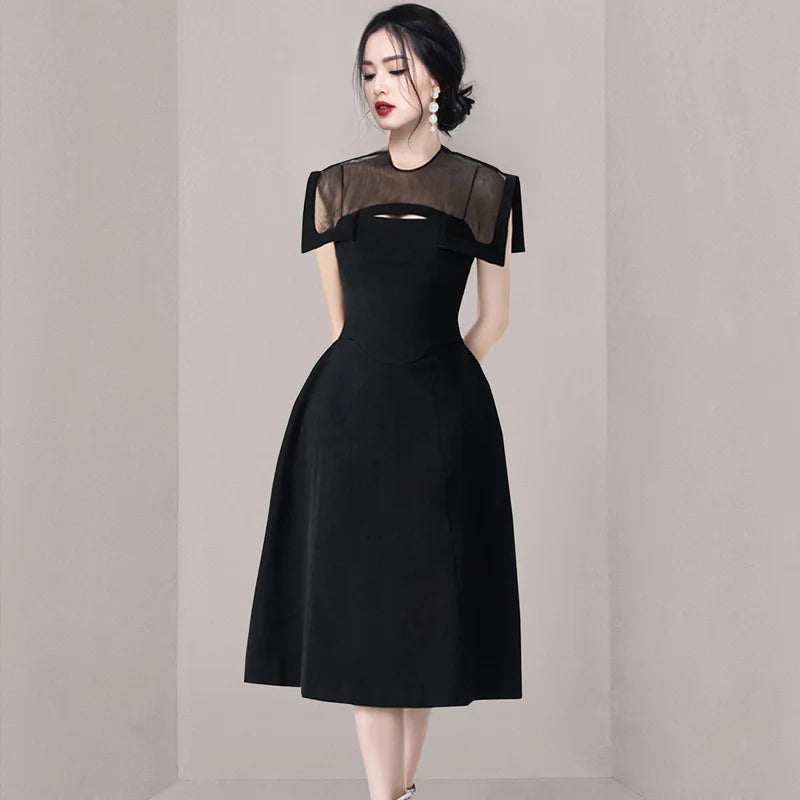 knee length dresses for ladies Shiny Black Midi Dress with Sheer Long Sleeves – HAREM's Brides