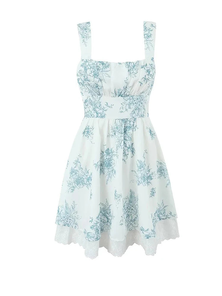 Summer Floral Print Lace Hem Dress Women Tank Sleeveless A-line Mini Dresses