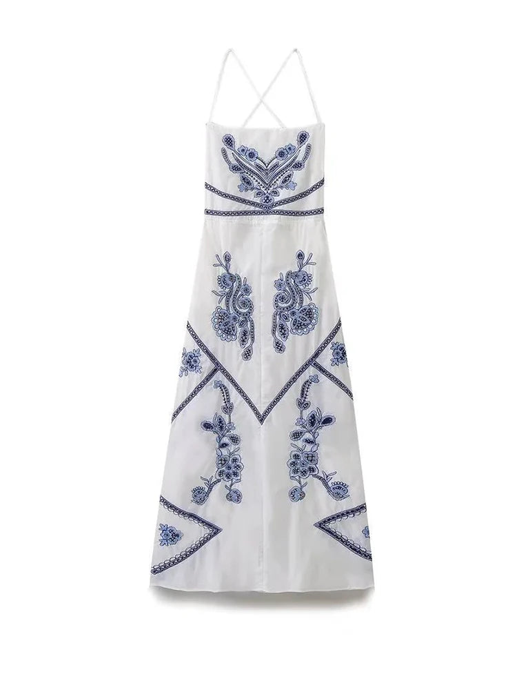 Embroidered White Maxi Dress With Blue Floral Patterns