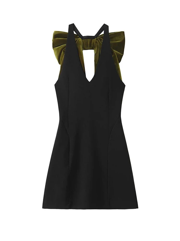 Little Black Dress With Green Velvet Accents