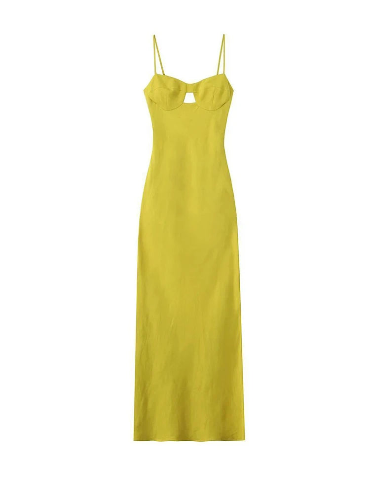 Summer Camisole Backless Midi Dress Women Casual Slim Yellow Dresses