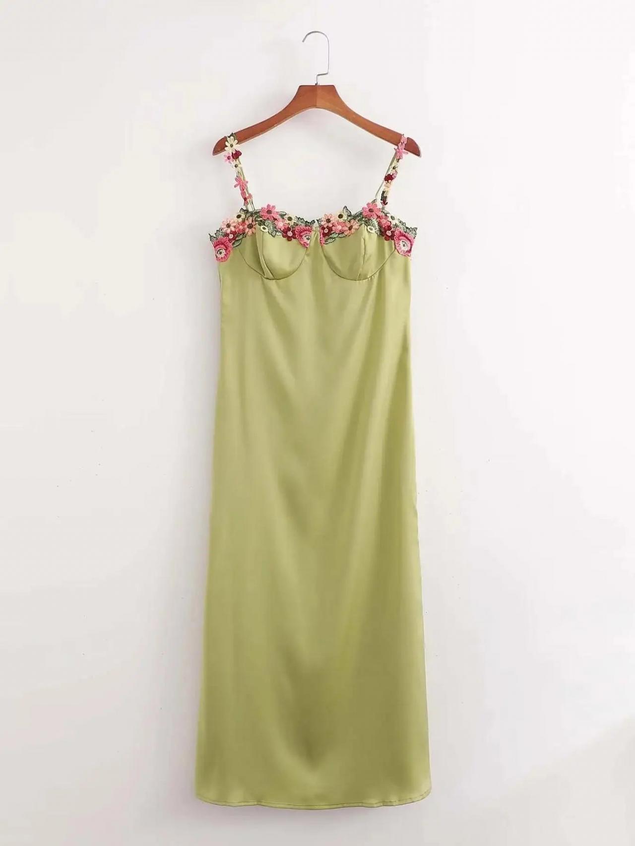 Floral Embroidered Green Slip Dress With Straps