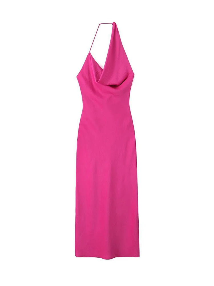 Summer Swinging Neck Rose Red Dress Women Asymmetric Sleeveless Long Dresses