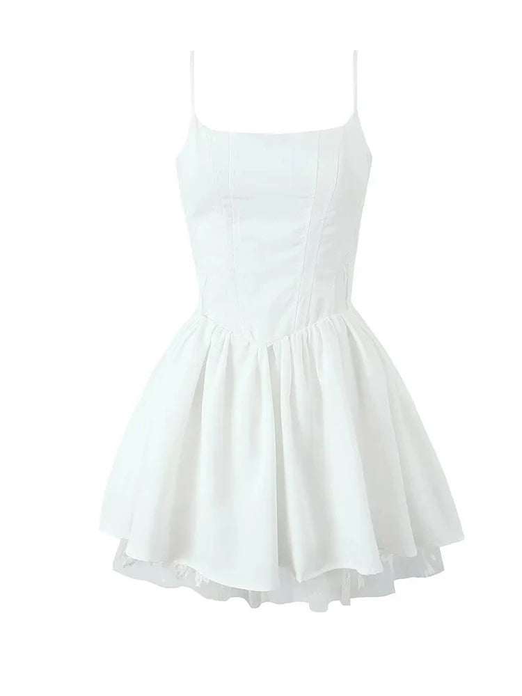 Sleeveless White Dress with Flared Skirt Design