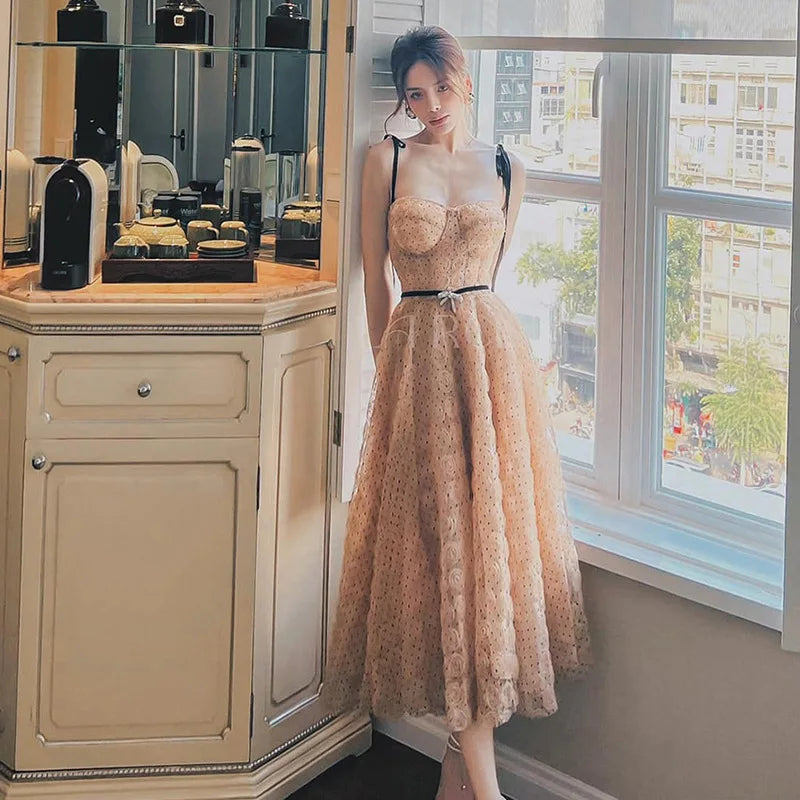 Summer Dot Print Fashionable Sling Strap A-line Tulle Dress Women's Elegant Temperament Slim Fitting Evening Long Dresses