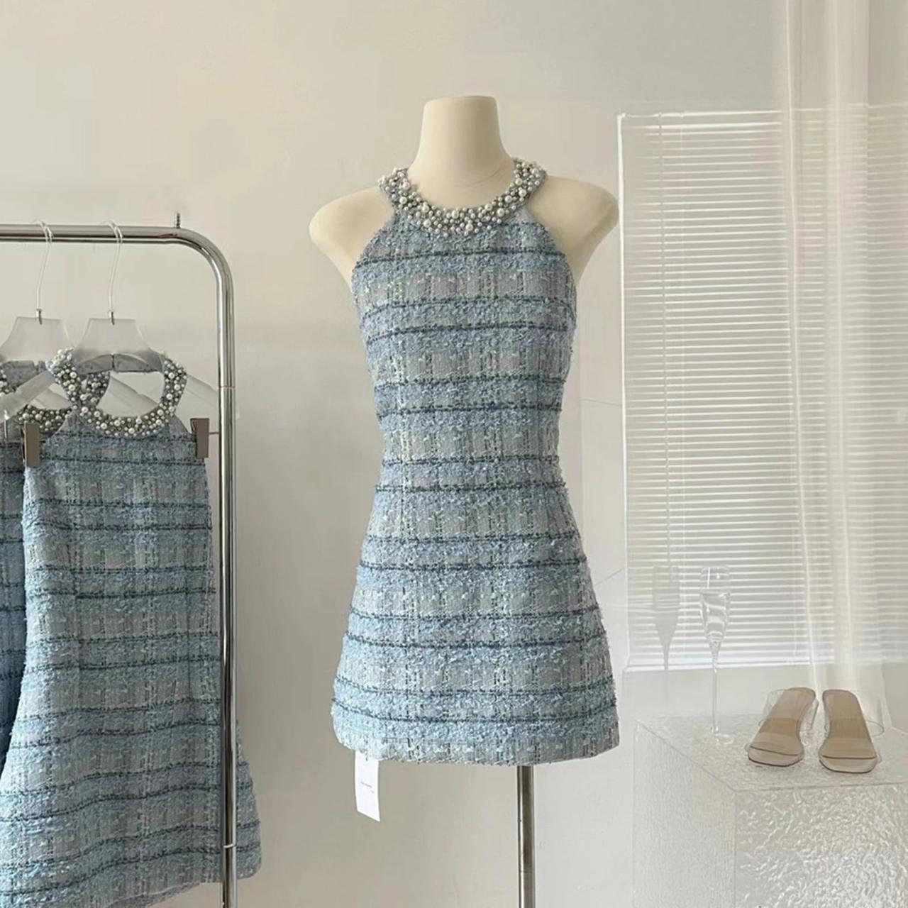 Sleeveless Blue Tweed Dress With Beaded