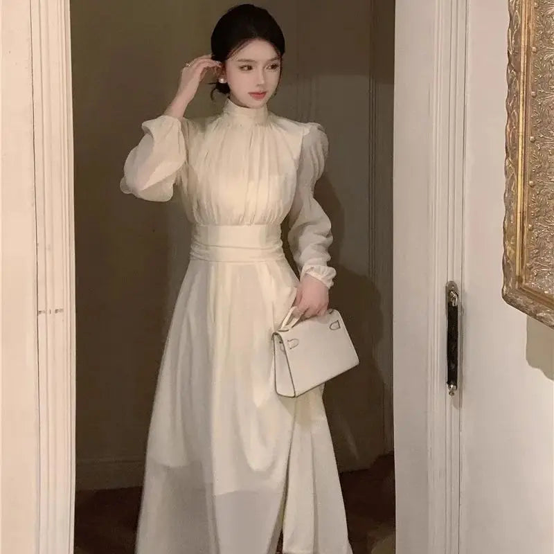 Summer French Elegant Turtleneck Beige Dress For Women Trendy Long Sleeve  A-line One Piece Dresses K on Luulla