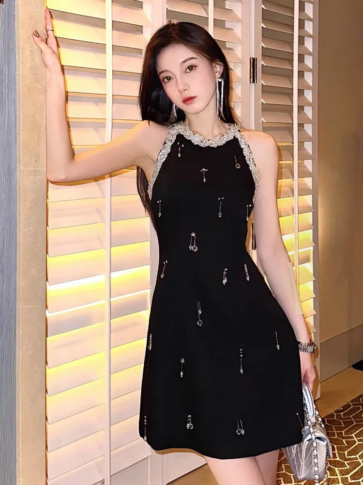 Rhinestone-embellished Black Halter Dress With Accents