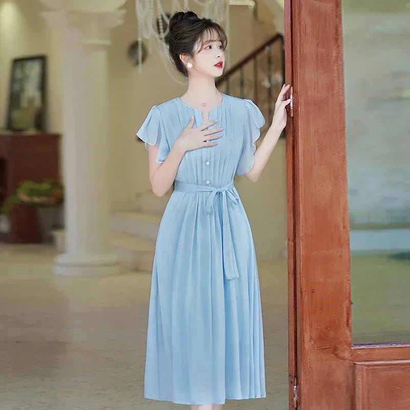knee length dresses for ladies Sandy Coutour Long Sleeve Midi Loose Dress with Belt Large main image 0