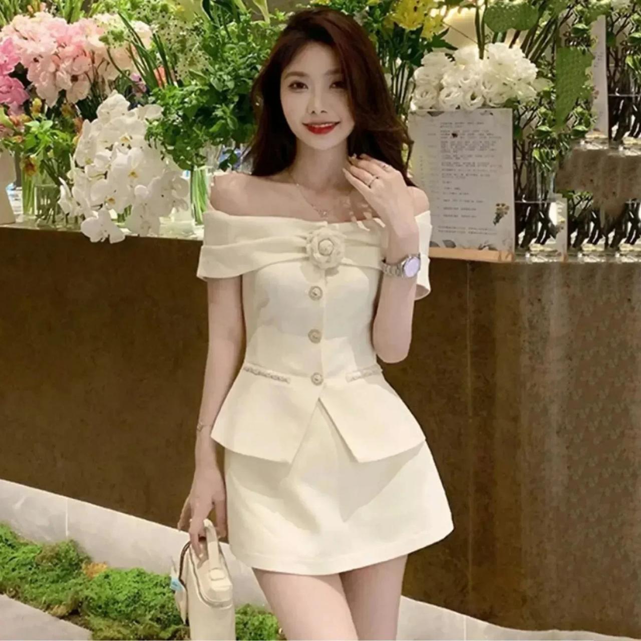 white off the shoulder button dress ASOS DESIGN off shoulder button through swing playsuit in white