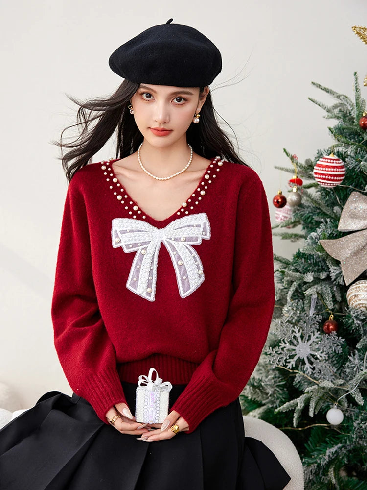 Festive Red Sweater with Pearl Bow Accent