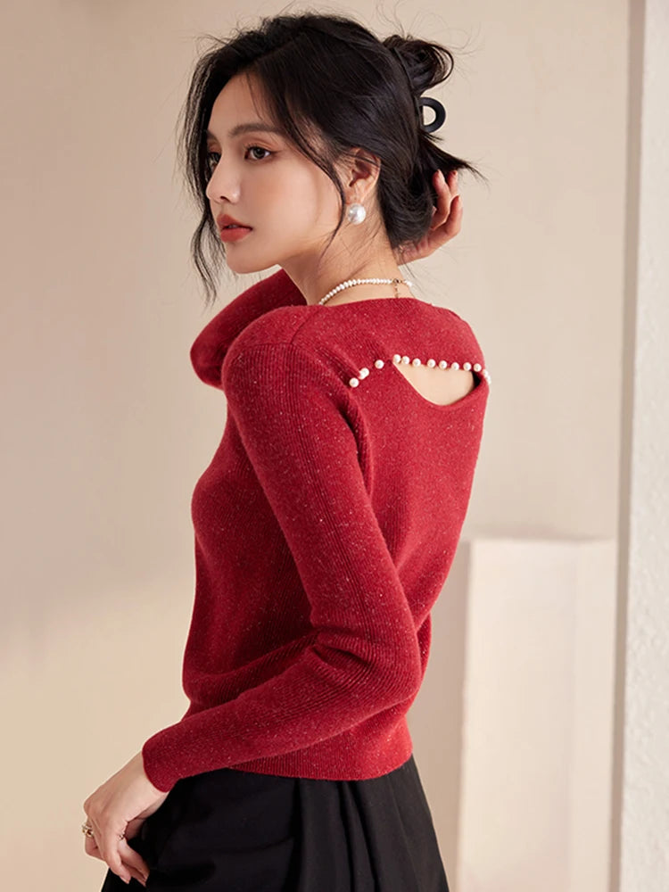 Cozy Red Knit Sweater With Back Cutout