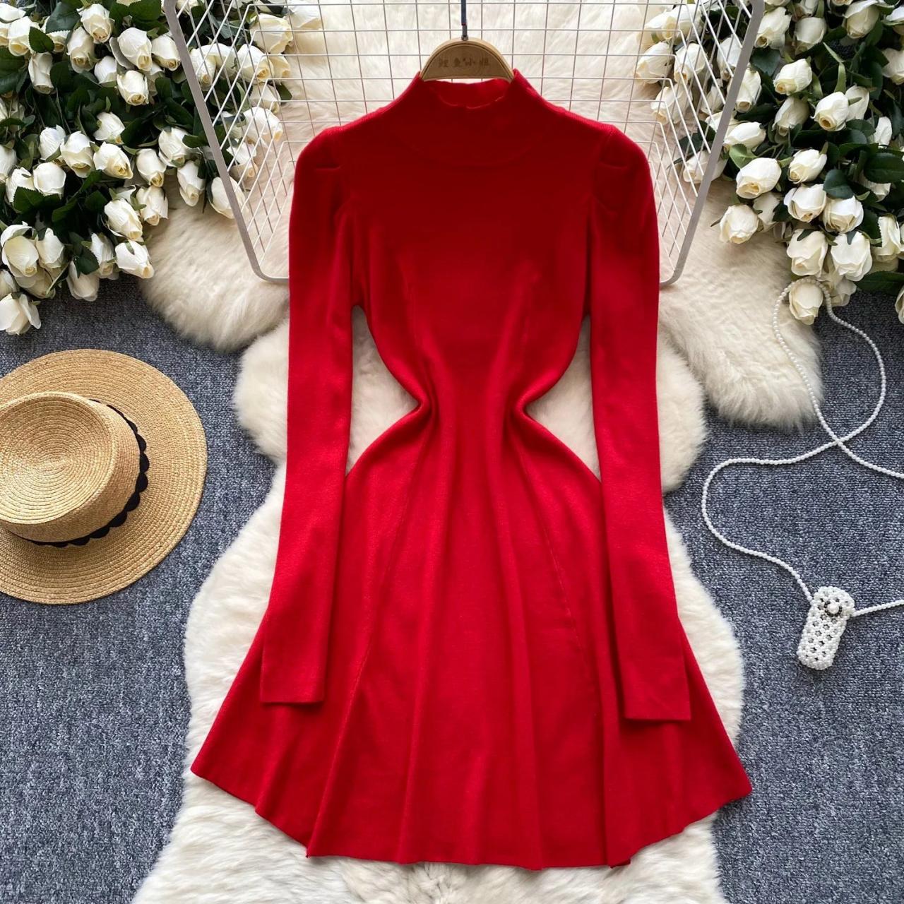Red Long Sleeve Flare Dress with Cinched Waist
