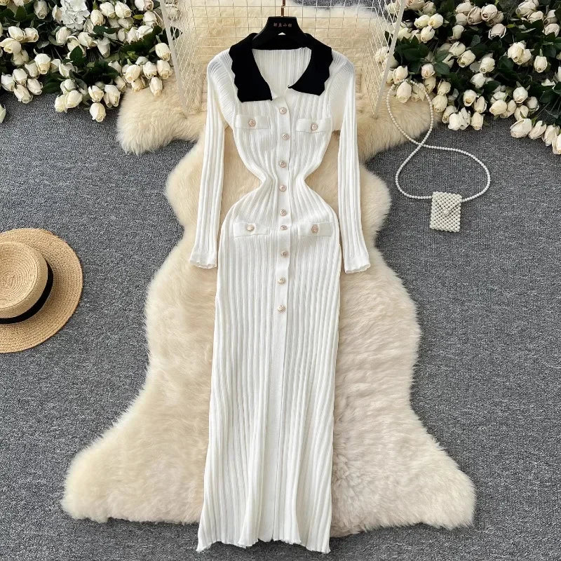 Fitted Ribbed Maxi Dress With Contrast Collar on Luulla