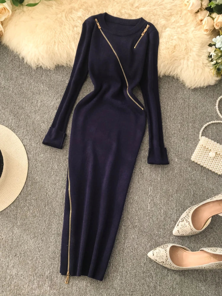 Asymmetric Zipper Long Sleeve Bodycon Sweater Dress