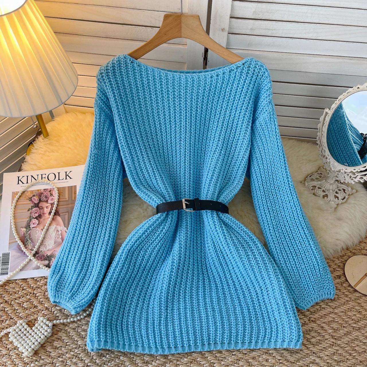 Cozy Blue Knit Dress With Waist Belt