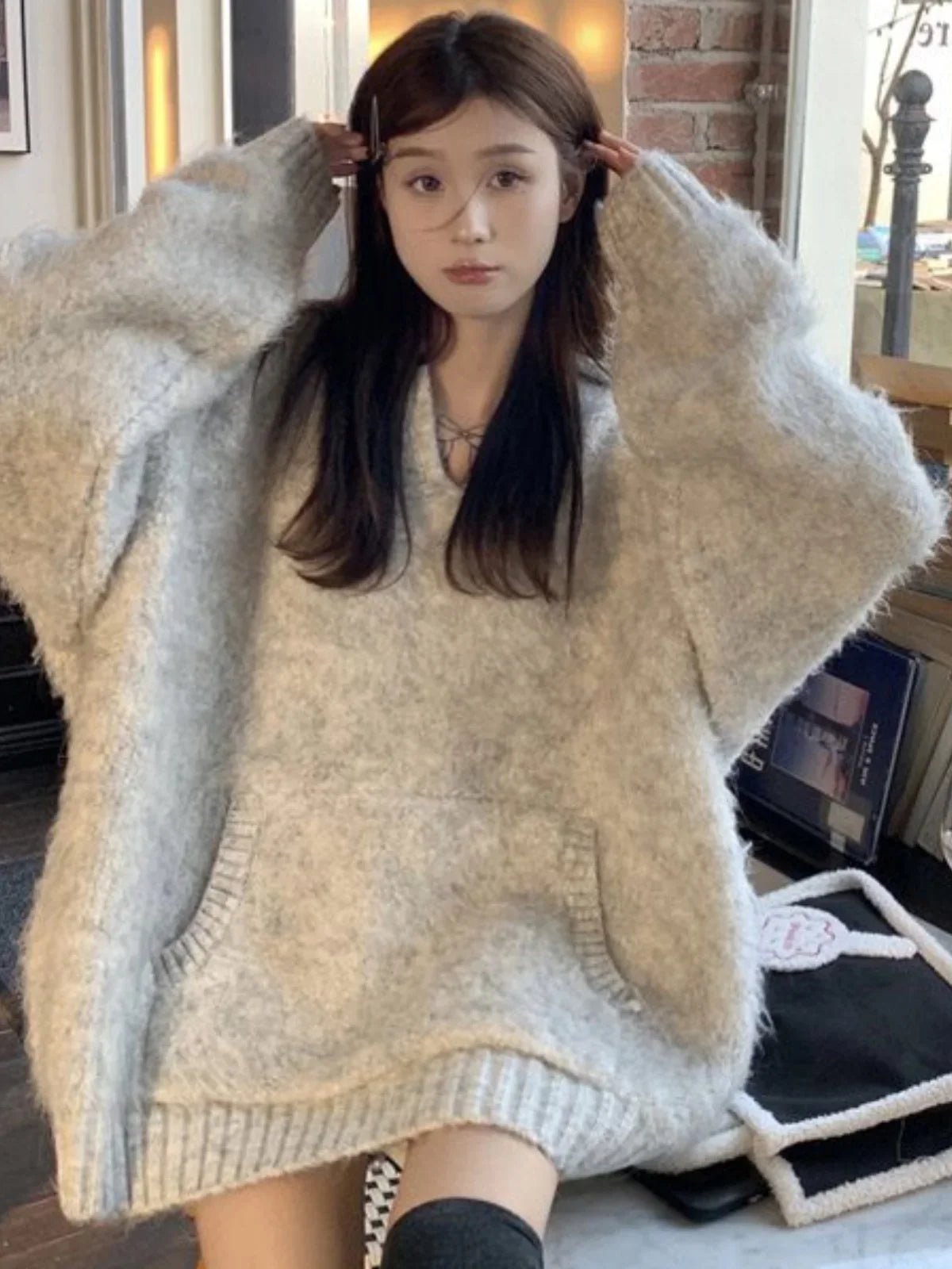 Oversized Cozy Fluffy Knit Pocket Sweater Dress