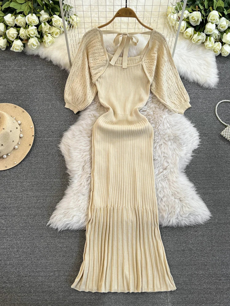 Chic Beige Knit Dress with Lace Sleeves