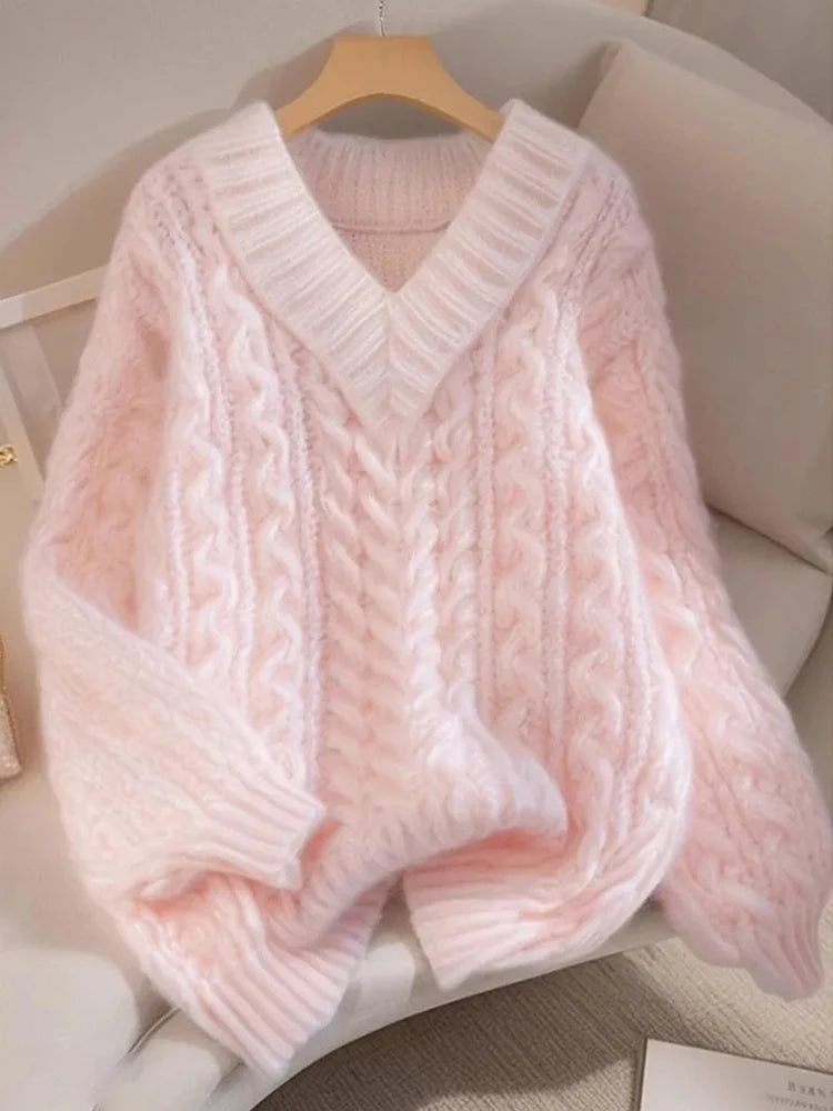 Cozy Pink Cable Knit V-neck Sweater on Luulla