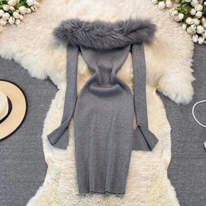 Off-shoulder Knit Dress With Faux Fur Trim on Luulla