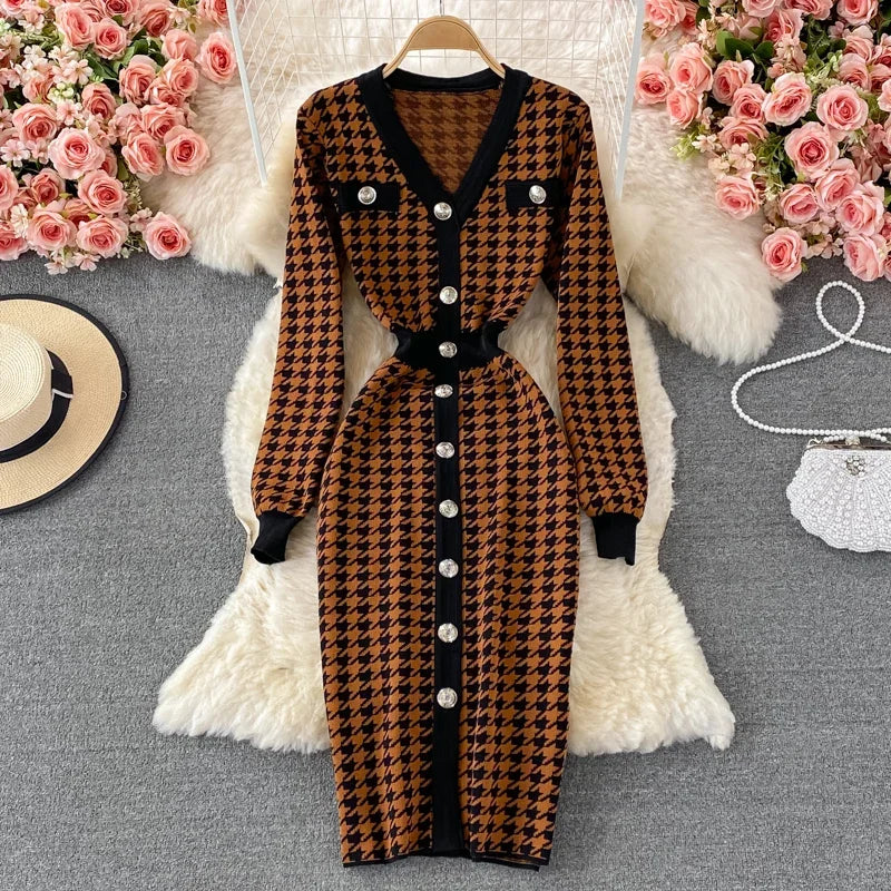 knee length dresses for ladies Houndstooth Flared Midi Dress main image 1