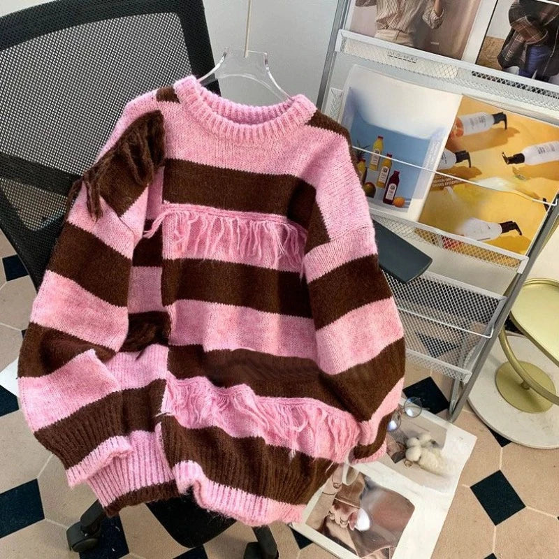 Cozy Pink Brown Striped Knit Sweater Dress
