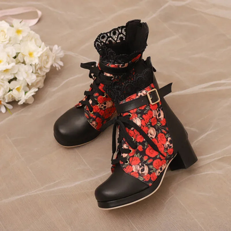 Gothic Lace-up Heeled Boots With Floral Pattern on Luulla