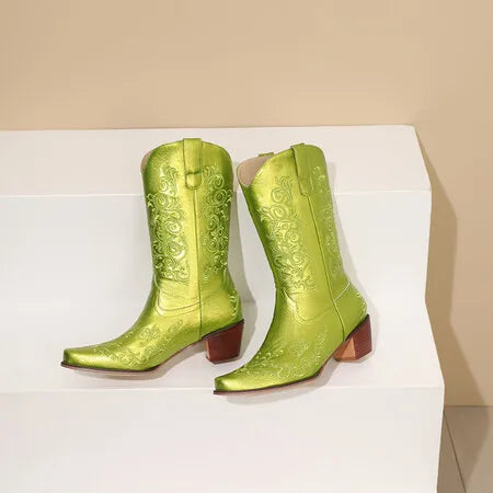 Lime Green Embroidered Leather Western Cowboy Boots