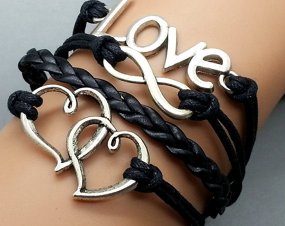 Infinity & Love Bracelet Heart Charm Bracelet Silver Bracelet Black Wax Cords Black Leather Charm Bracelet Personalized Bracelet