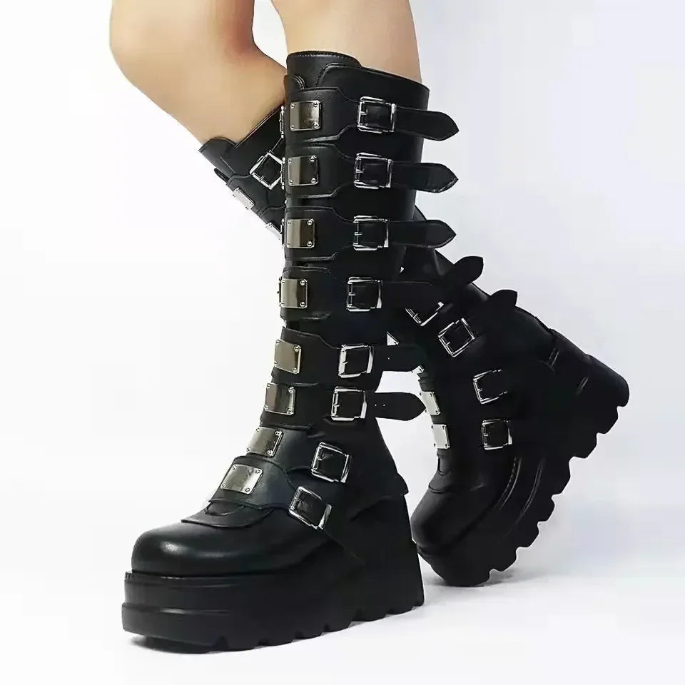 Womens Black Platform Boots With Multiple Buckles
