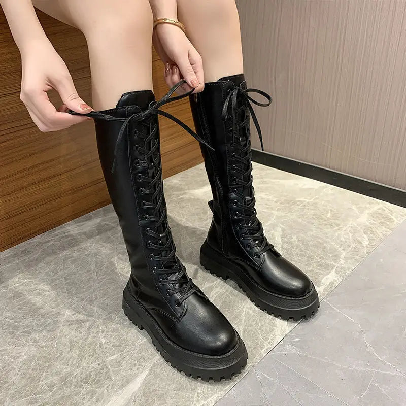 High boots women black with lacing track sole