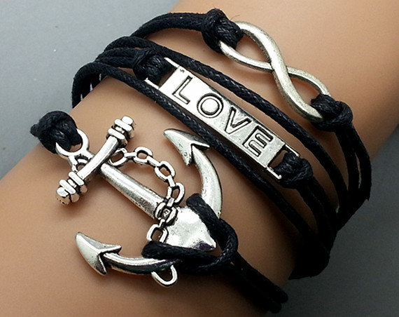 Infinity Love & Anchor Bracelet Charm Bracelet Silver Bracelet Black Korean Wax Cords Black Leather Charm Bracelet Personalized Bracelet